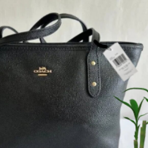 COACH Leather City Zip Tote Shoulder Bag- Black Gold Luxury Coach 🆕🎁⌚📦🏃💨🚚 - Picture 6 of 15